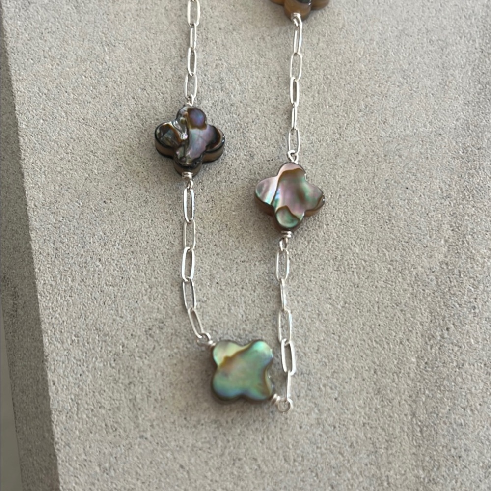 Abalone Clover Pendant Station Necklace - Iridescent Green